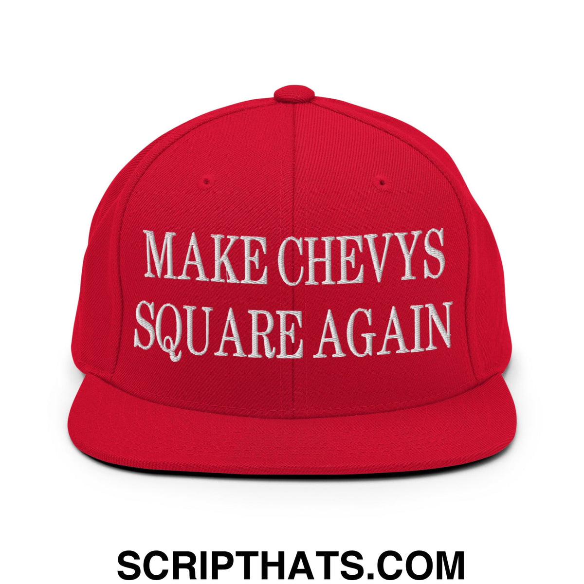 Red snapback cap with white embroidered make chevys square again text and flat bill brim for casual wear