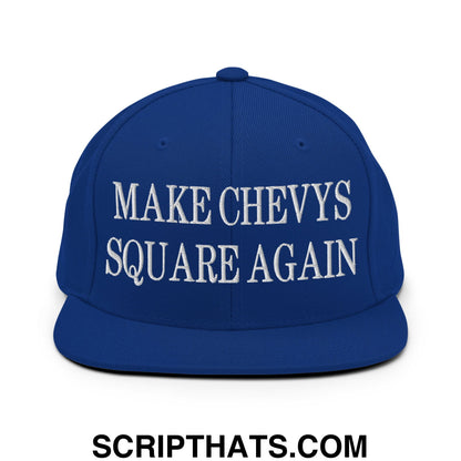 Royal blue snapback hat with white embroidered make chevys square again text and flat bill brim design