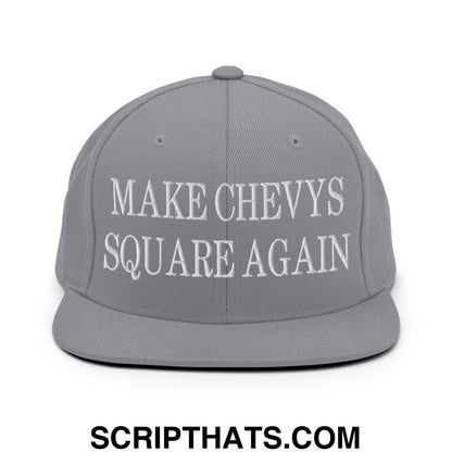 Gray snapback hat with white embroidered text make chevys square again and flat bill brim in a casual style