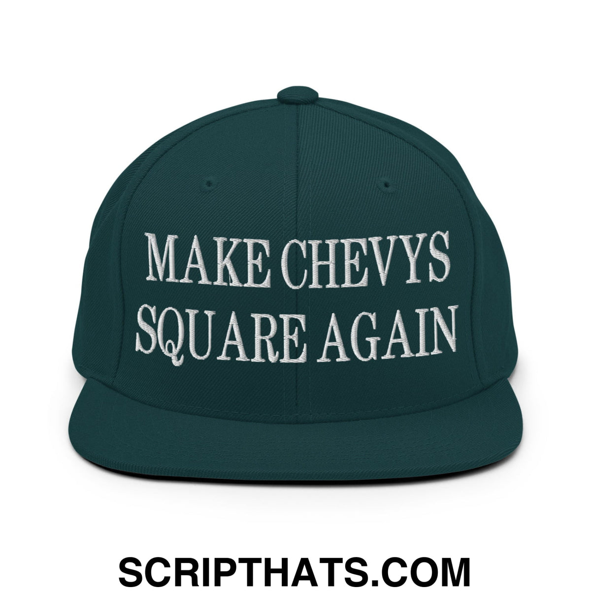 Dark green snapback cap with white embroidered make chevys square again text and a flat bill brim design