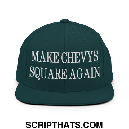 Dark green snapback cap with white embroidered make chevys square again text and a flat bill brim design