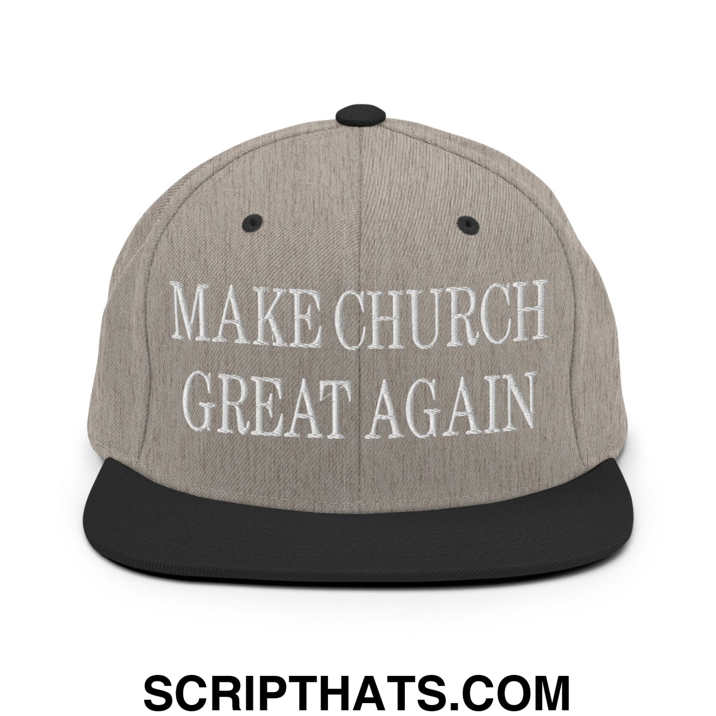 Make Church Great Again Embroidered Flat Bill Brim Snapback Hat Heather Black