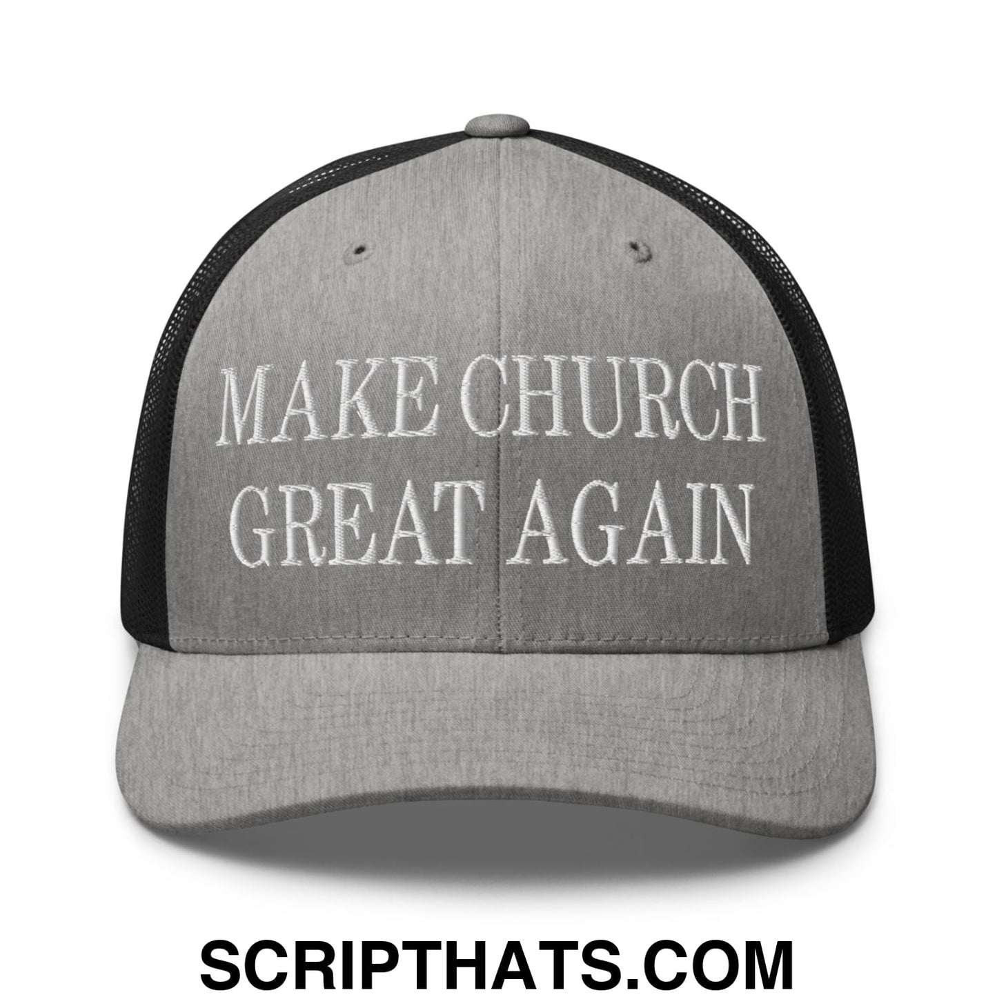 Make Church Great Again Embroidered Mesh Trucker Hat Heather Black