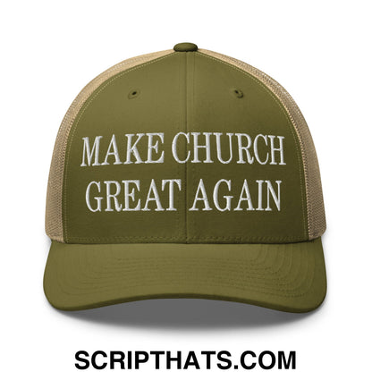 Make Church Great Again Embroidered Mesh Trucker Hat Moss Khaki
