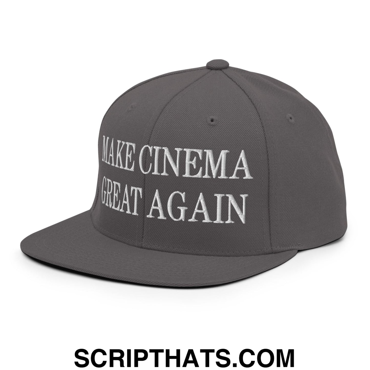 A dark gray snapback hat with white embroidered make cinema great again text and a flat bill brim