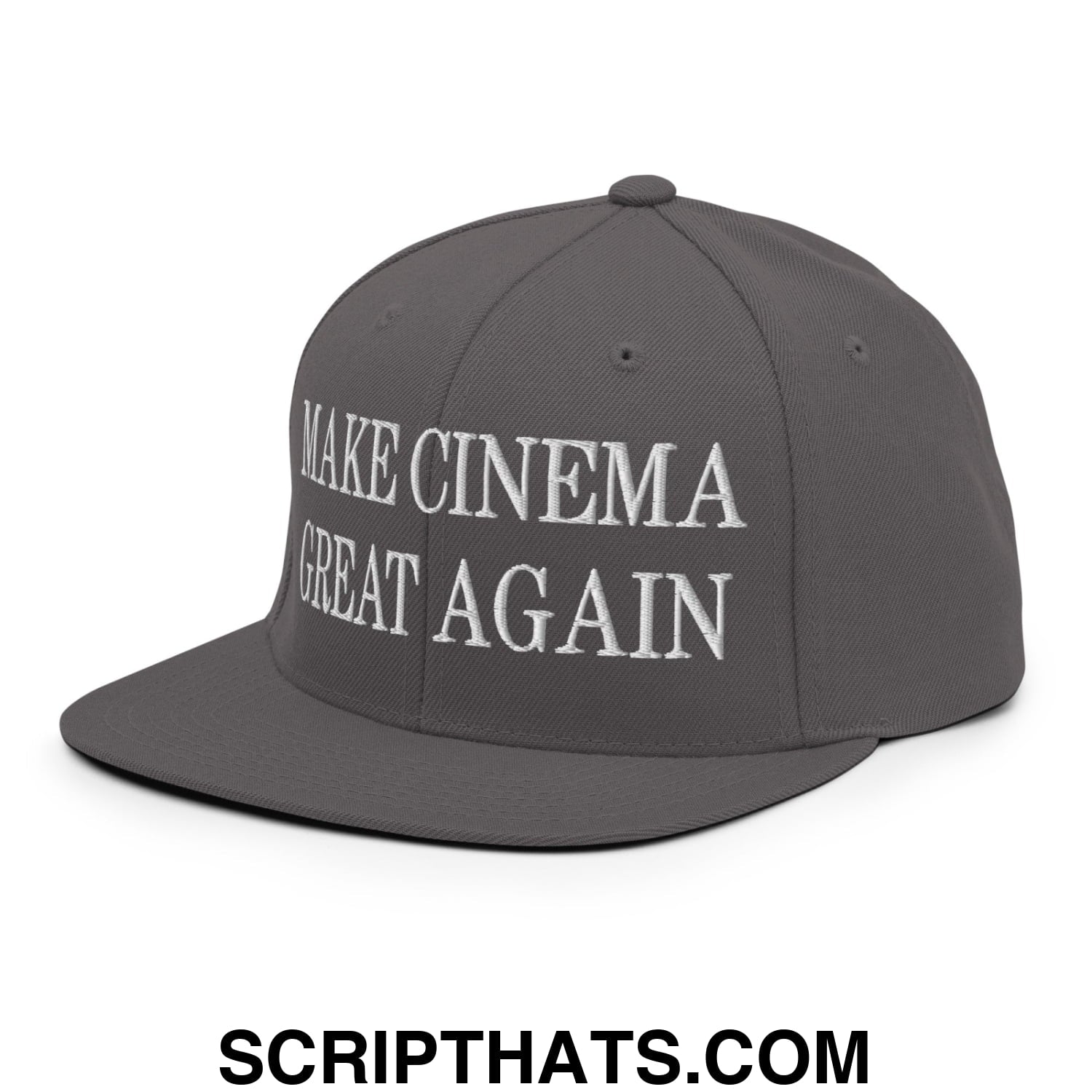 A dark gray snapback hat with white embroidered make cinema great again text and a flat bill brim