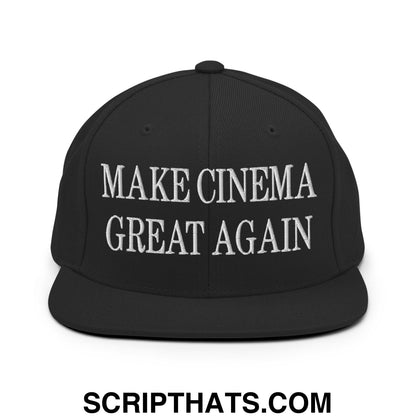 Black snapback cap with white embroidered make cinema great again text and flat bill brim design