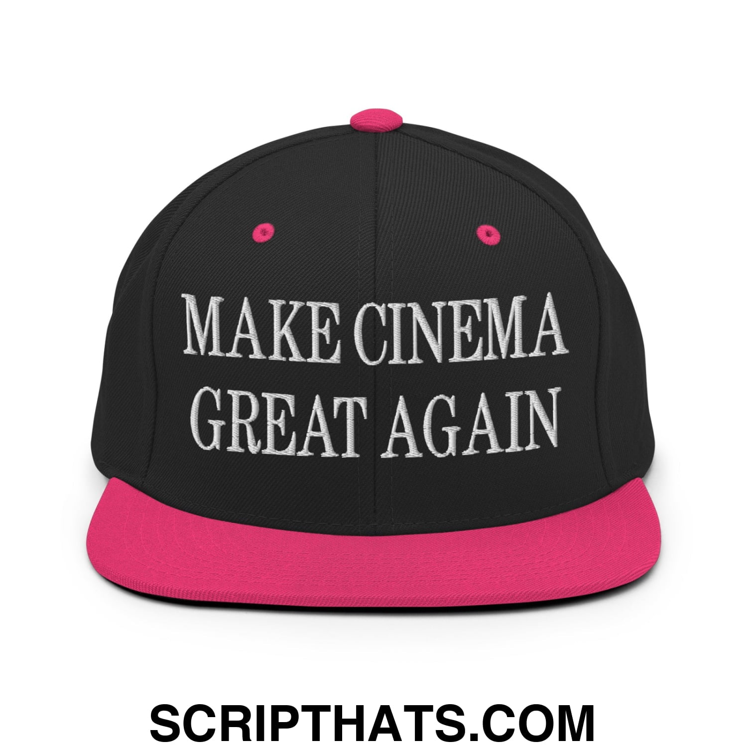 Black snapback cap with vibrant pink flat brim and button, embroidered with white make cinema great again text