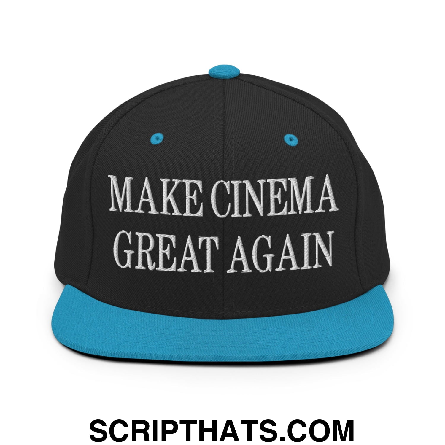 Black snapback cap with teal brim and button featuring white embroidered make cinema great again text