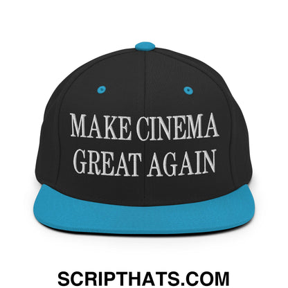 Black snapback cap with teal brim and button featuring white embroidered make cinema great again text