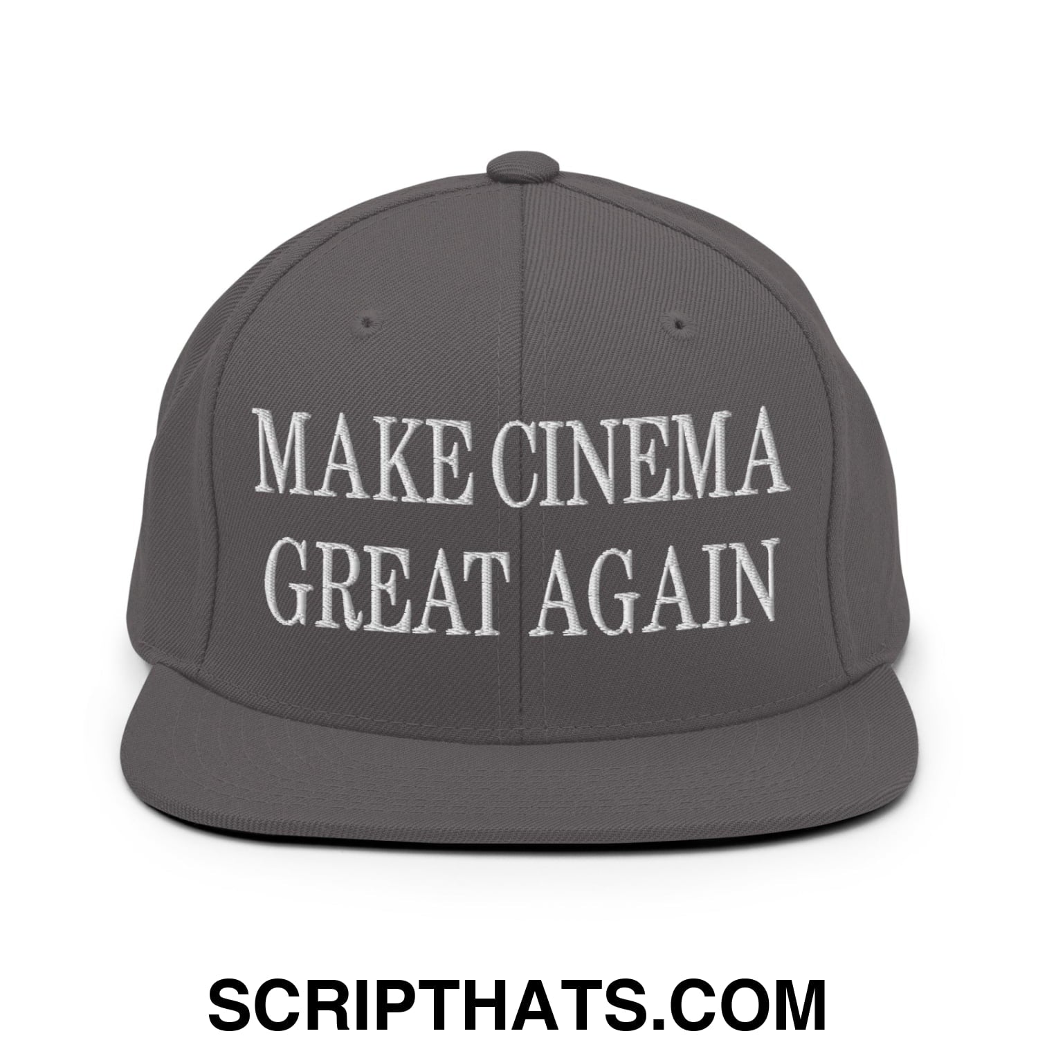 Gray snapback hat with white embroidered text make cinema great again and a flat bill brim design