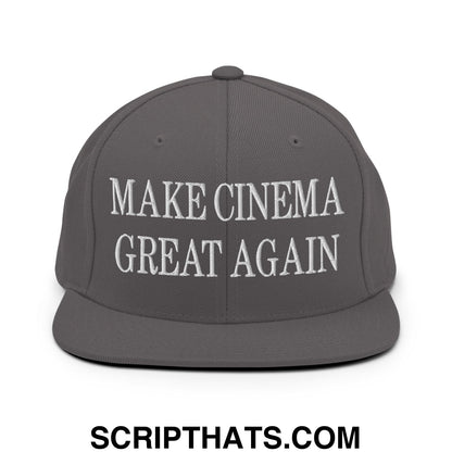 Gray snapback hat with white embroidered text make cinema great again and a flat bill brim design