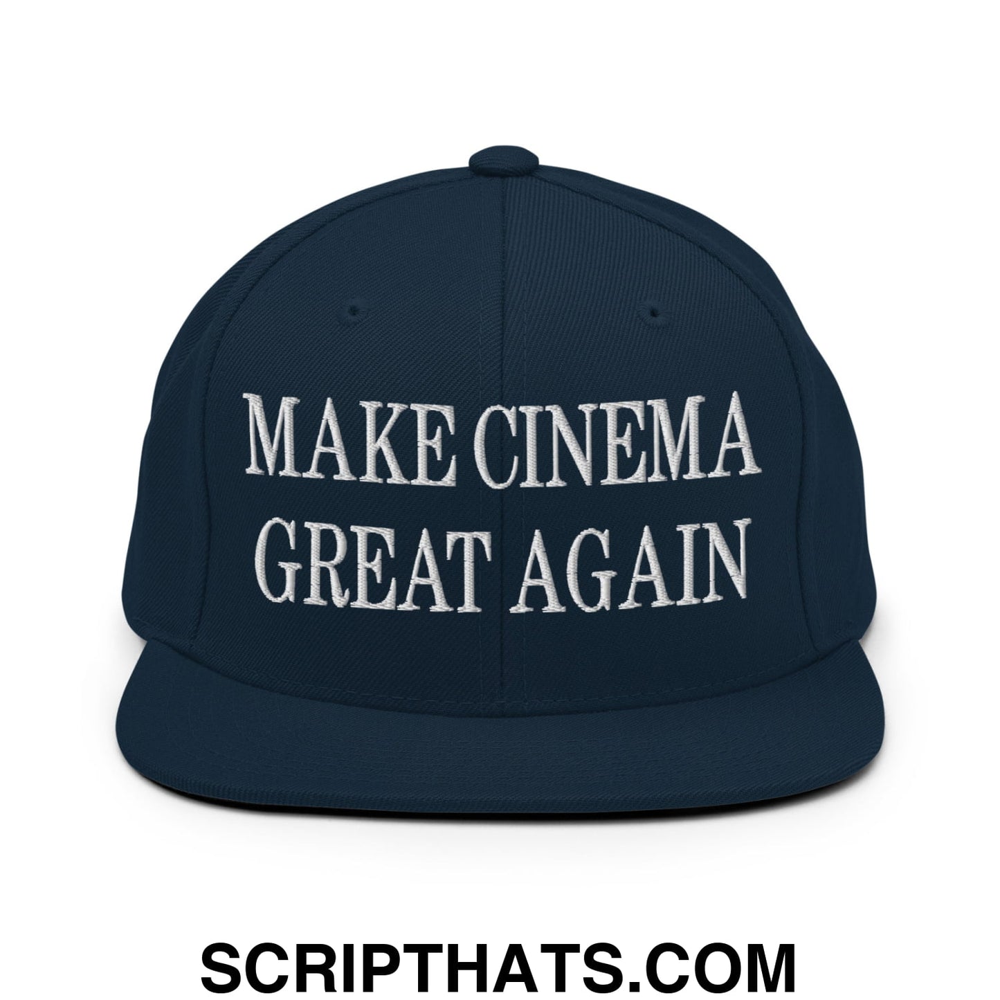 Navy blue snapback hat with white embroidered make cinema great again text and a flat bill brim