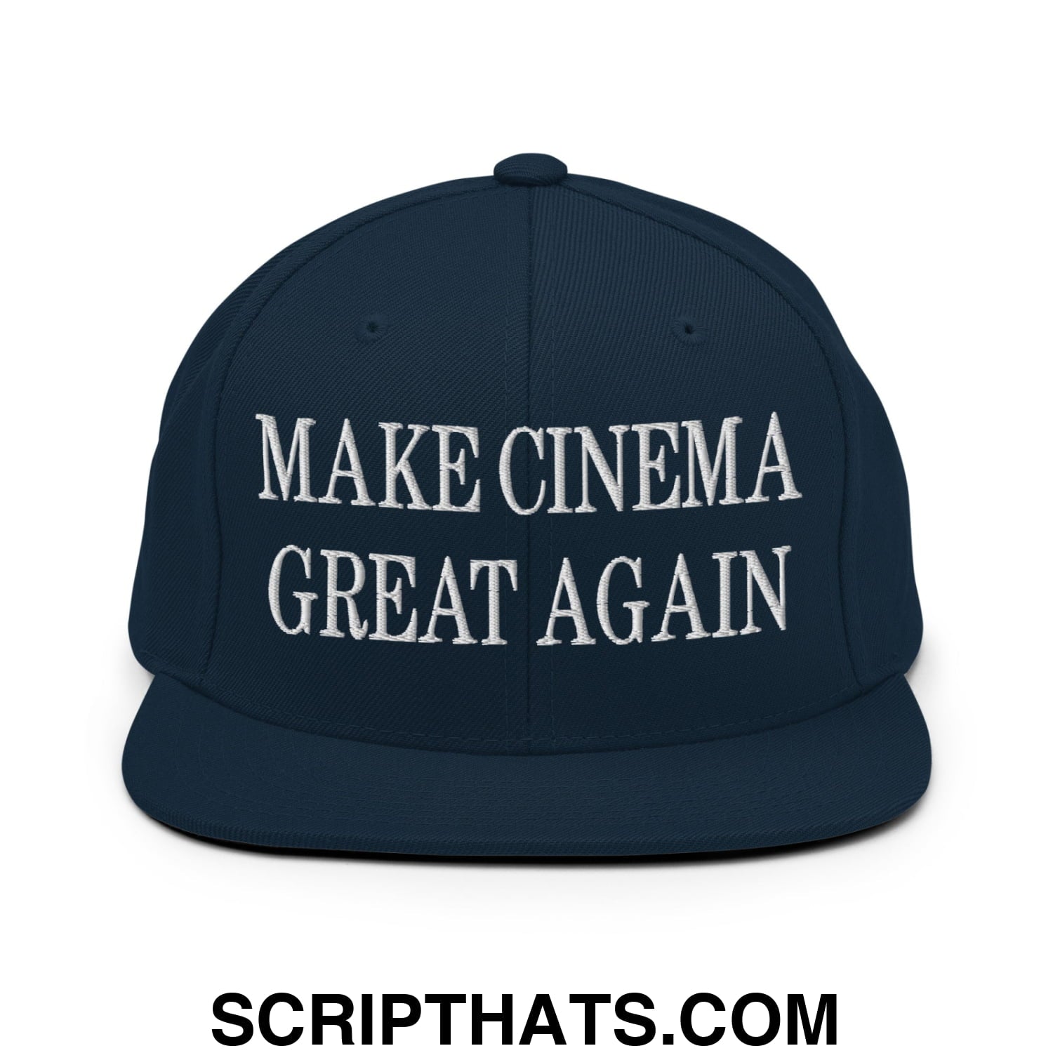 Navy blue snapback hat with white embroidered make cinema great again text and a flat bill brim