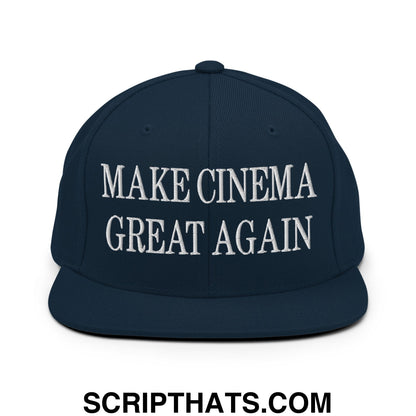 Navy blue snapback hat with white embroidered make cinema great again text and a flat bill brim