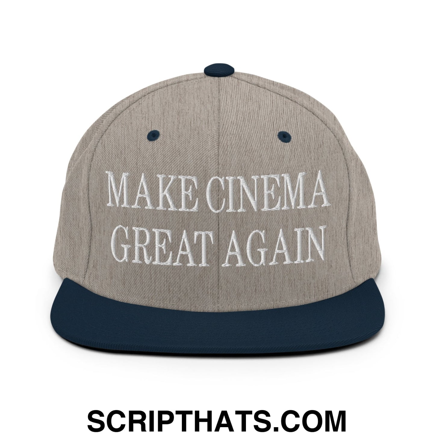 A gray and navy blue snapback hat with a flat bill and white embroidered make cinema great again text