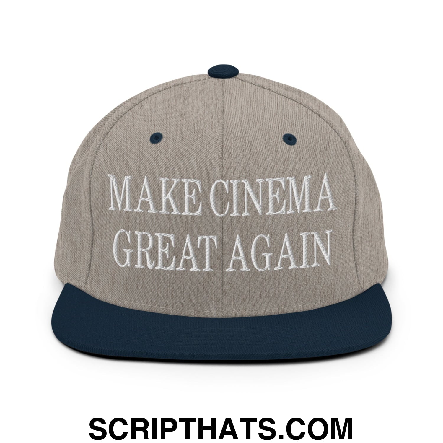 A gray and navy blue snapback hat with a flat bill and white embroidered make cinema great again text