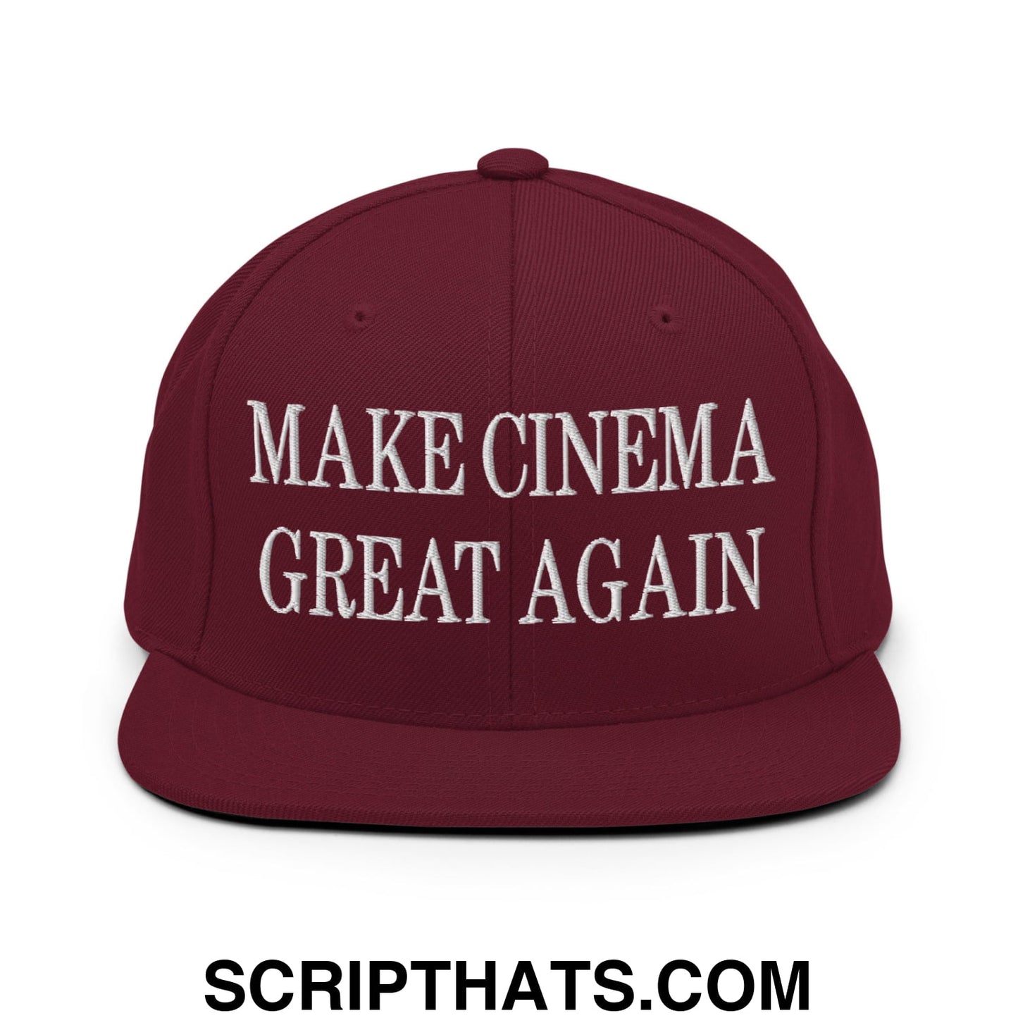 Maroon flat bill brim snapback hat with white embroidered make cinema great again text for film enthusiasts