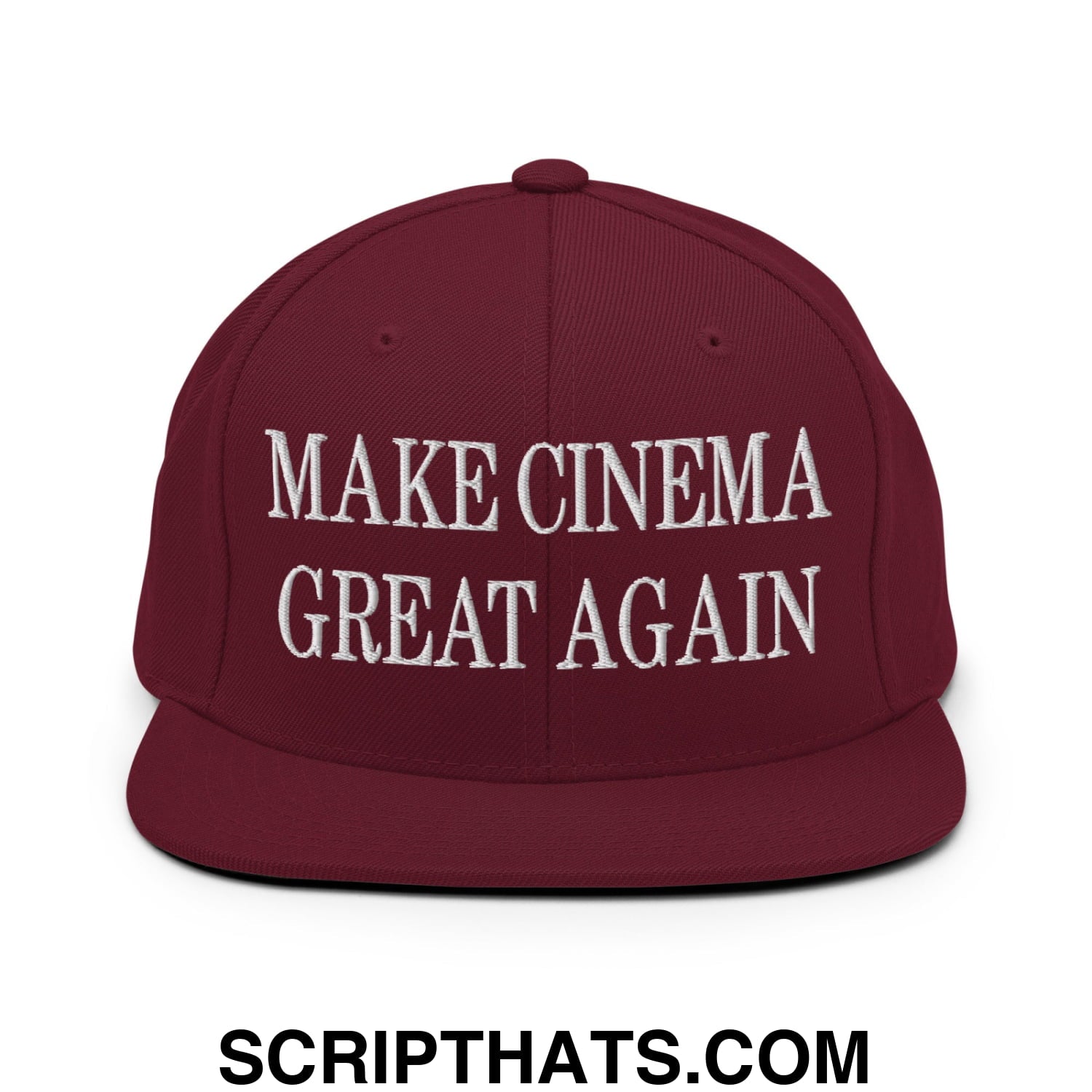Maroon flat bill brim snapback hat with white embroidered make cinema great again text for film enthusiasts