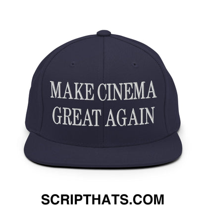 Navy blue snapback cap with white embroidered text make cinema great again flat bill brim design