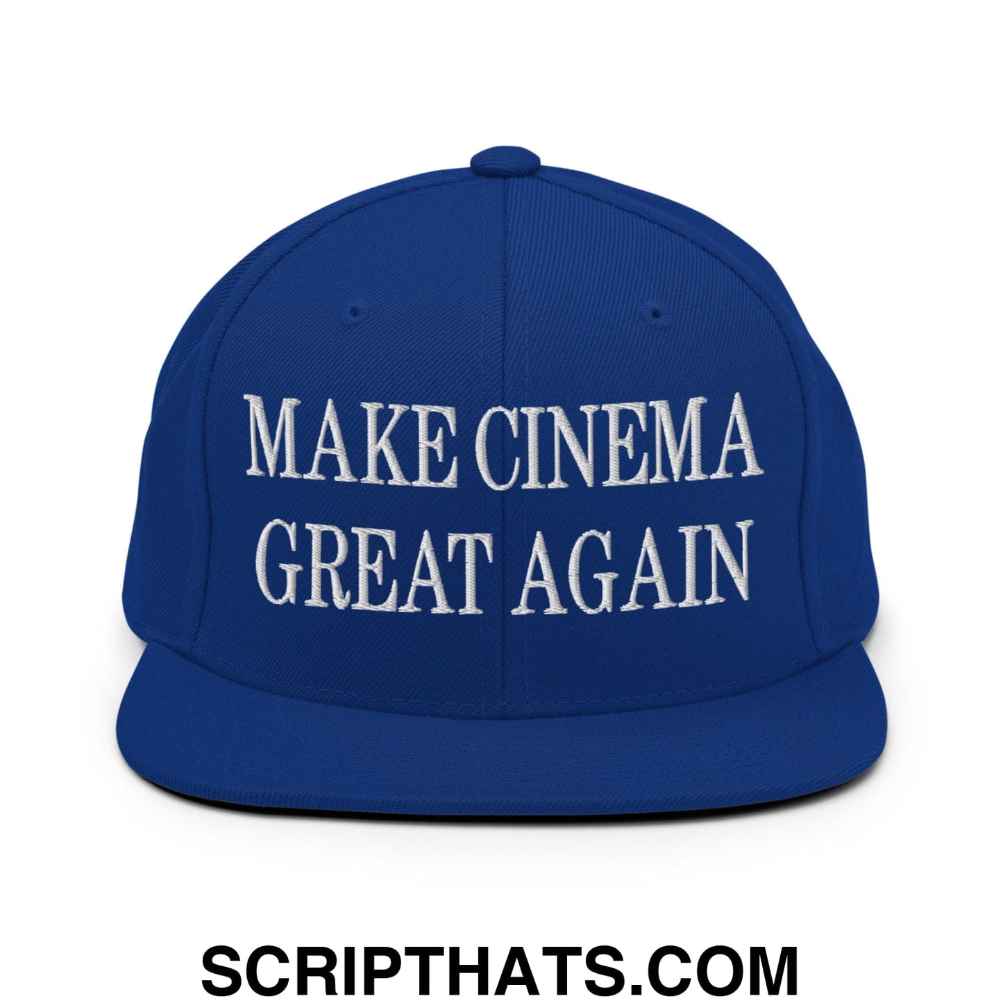Royal blue flat bill brim snapback hat with white embroidered make cinema great again text for cinema fans