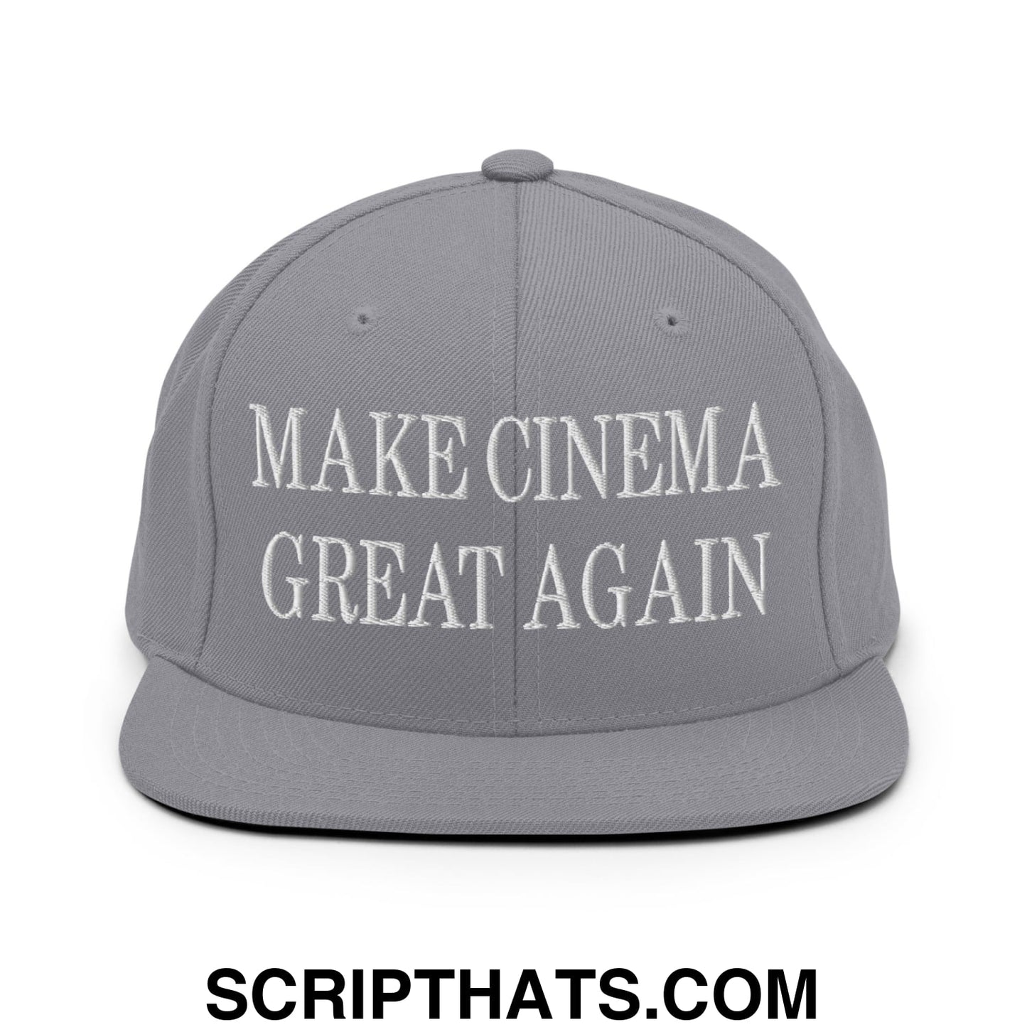 Gray snapback hat with white embroidered make cinema great again text and a flat bill brim design