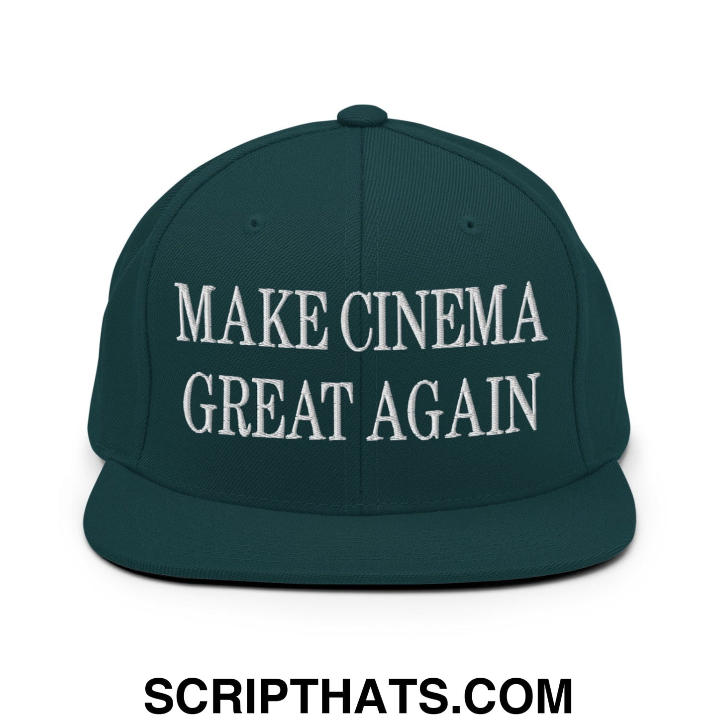 Dark green snapback cap with white embroidered make cinema great again text and flat bill brim design
