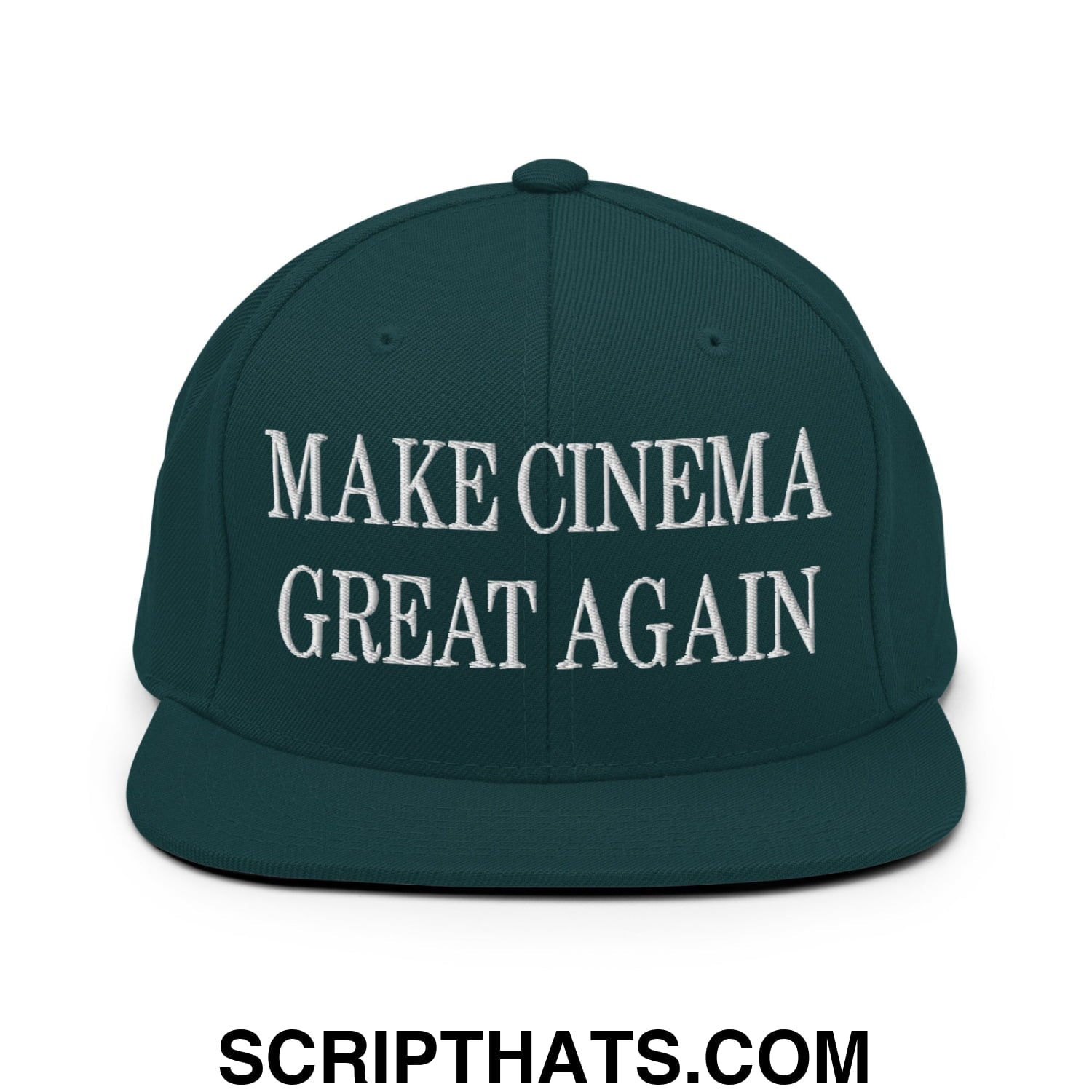 Dark green snapback cap with white embroidered make cinema great again text and flat bill brim design