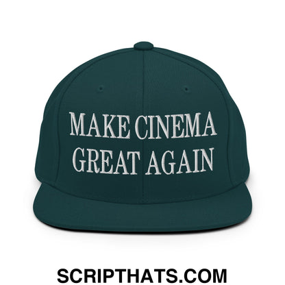 Dark green snapback cap with white embroidered make cinema great again text and flat bill brim design
