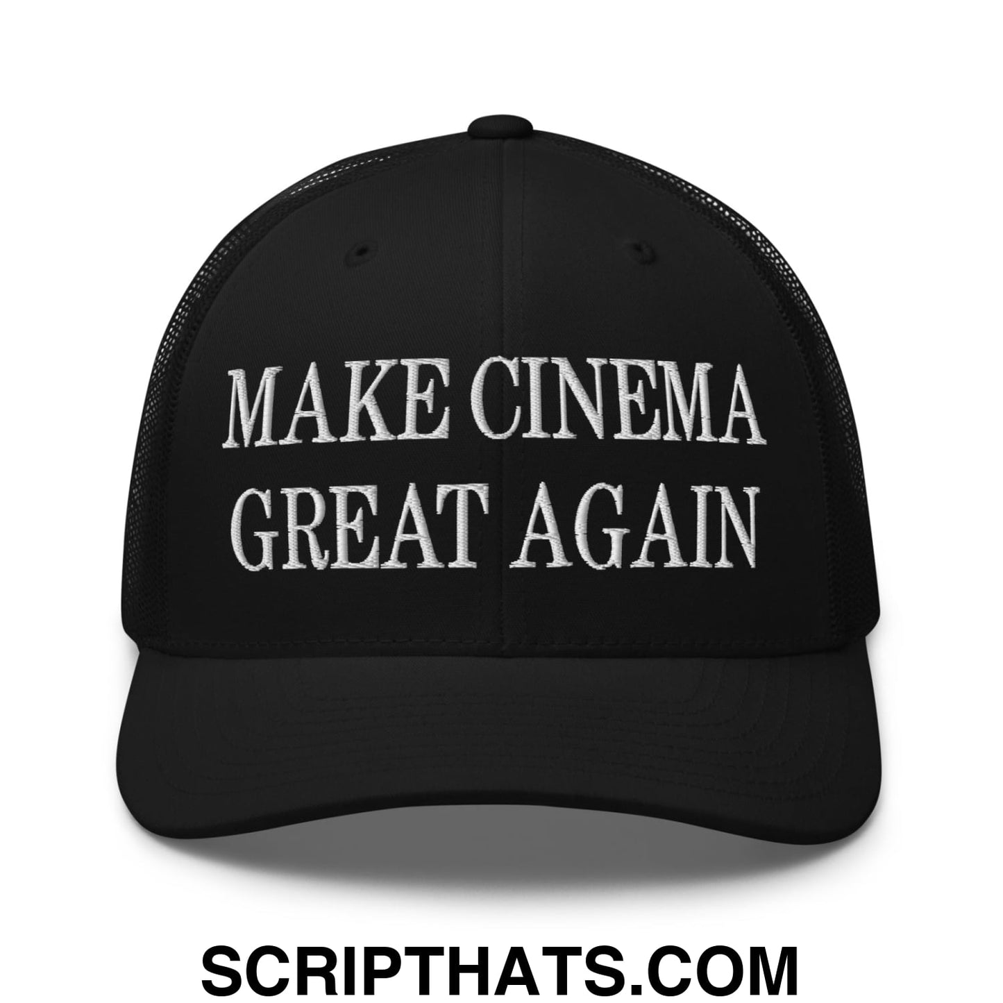 Black embroidered mesh trucker hat with white make cinema great again text on front panel