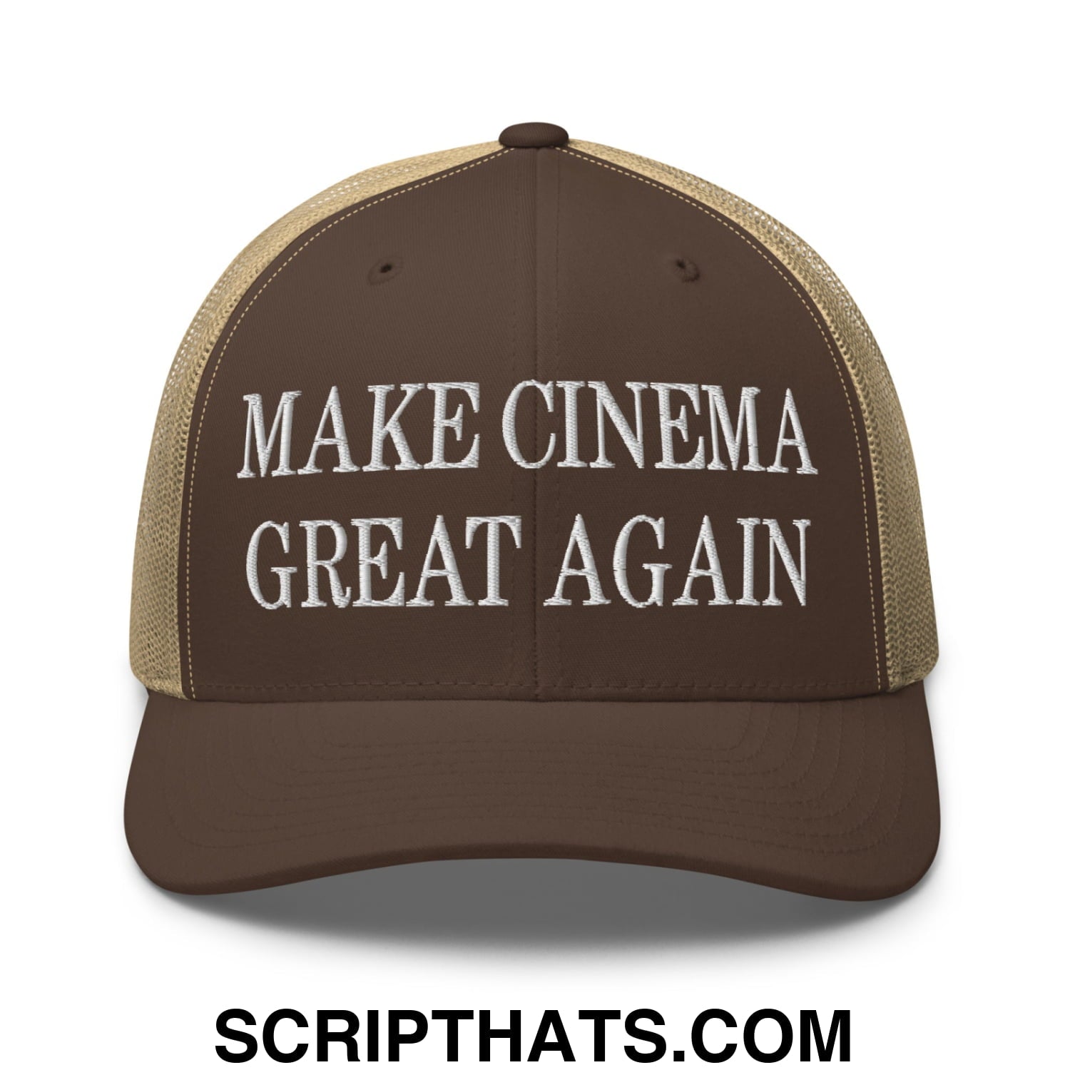 Brown and tan mesh trucker hat with white embroidered text make cinema great again on front panel