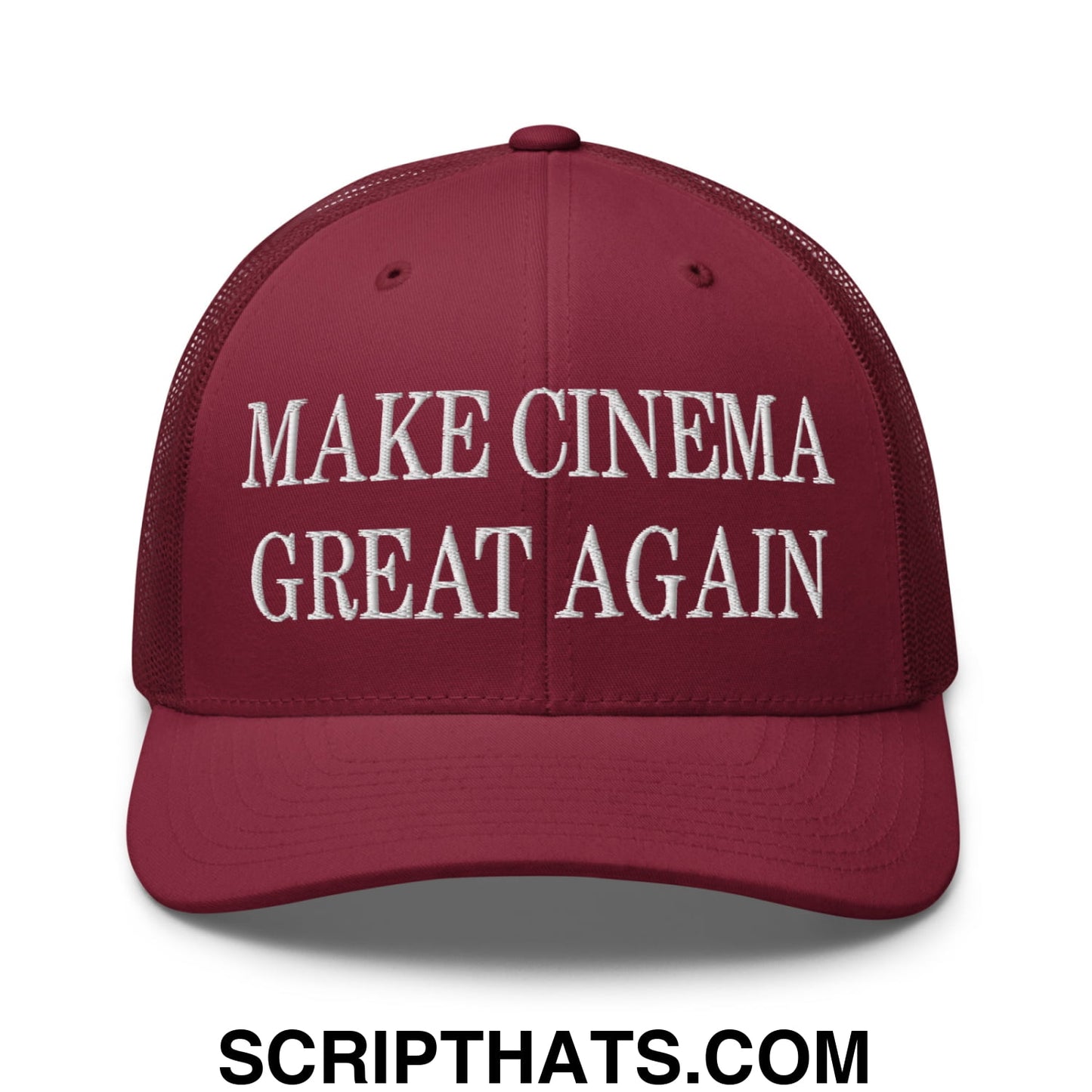 Maroon mesh trucker hat with white embroidered make cinema great again text for casual wear and film lovers