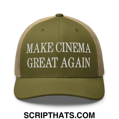 Olive green and beige mesh trucker hat with white embroidered text make cinema great again
