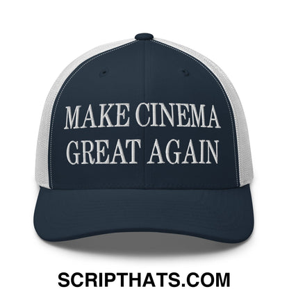 A navy blue and white mesh trucker hat with make cinema great again embroidered in bold white thread across front