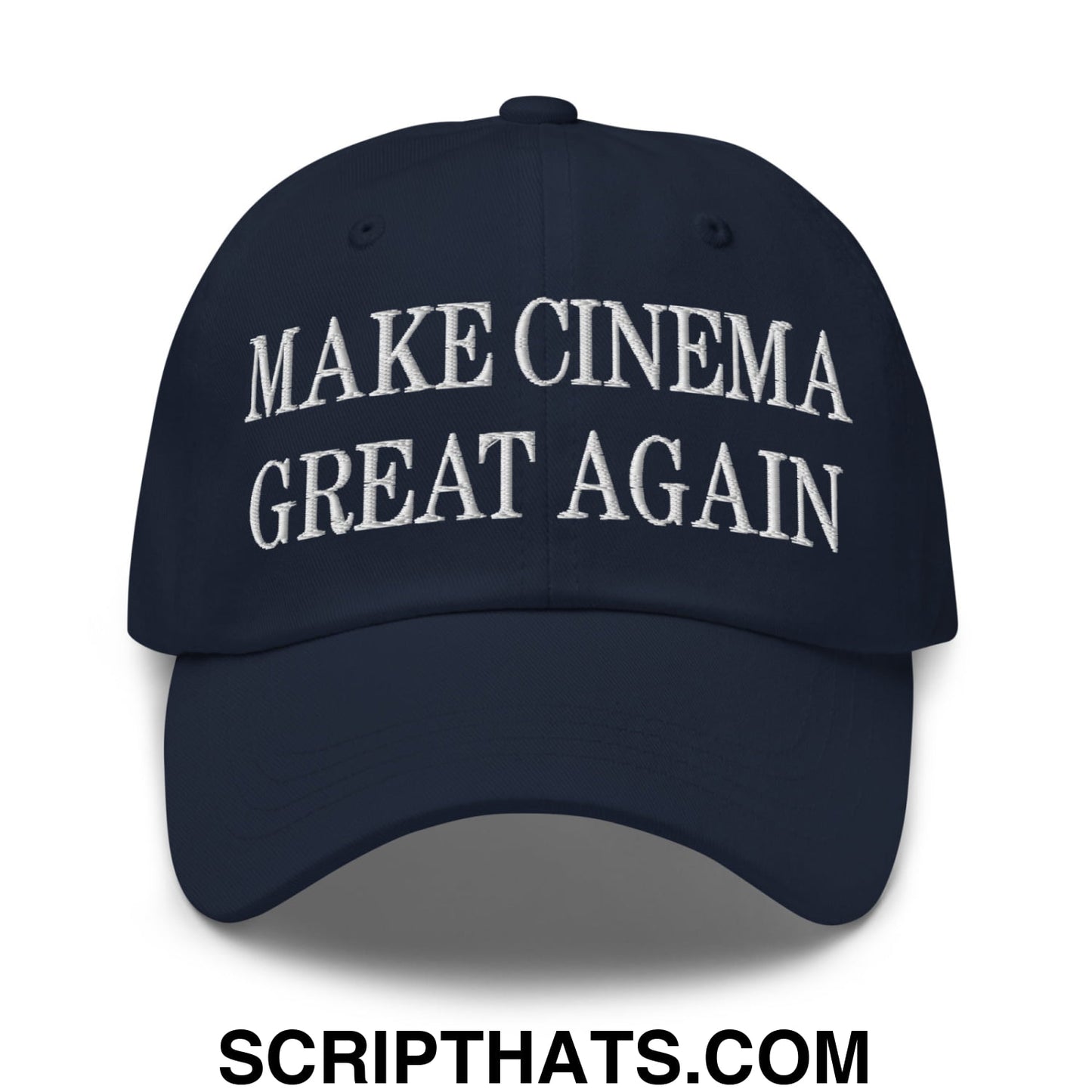 Navy blue unstructured dad hat with white embroidered make cinema great again text for casual wear
