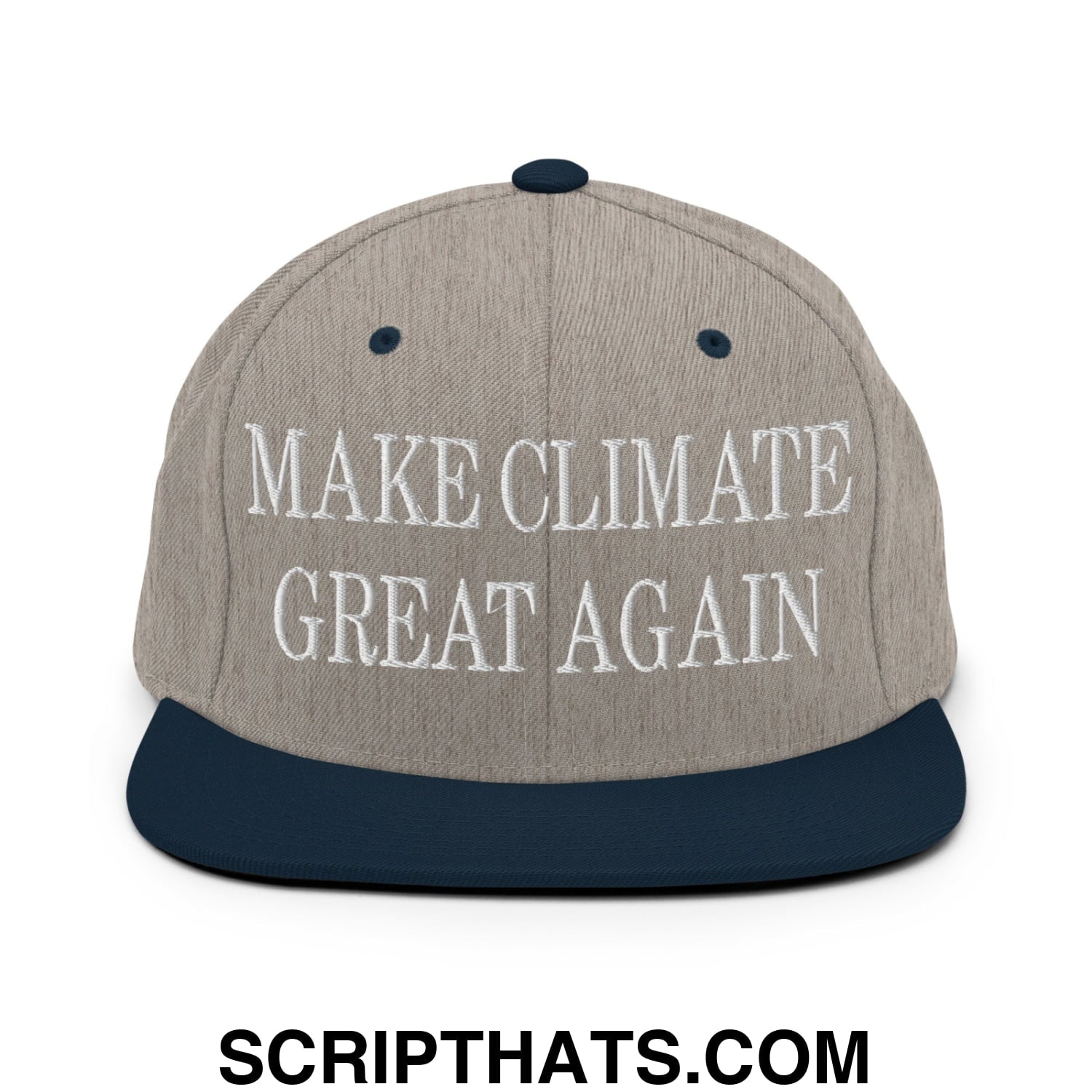 Make Climate Great Again Embroidered Flat Bill Brim Snapback Hat Heather Grey Navy