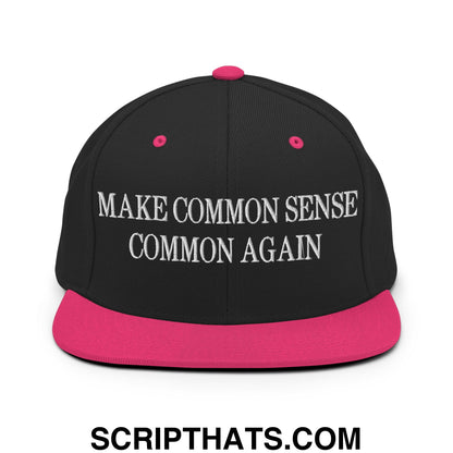 Make Common Sense Common Again Embroidered Flat Bill Brim Snapback Hat Black Neon Pink