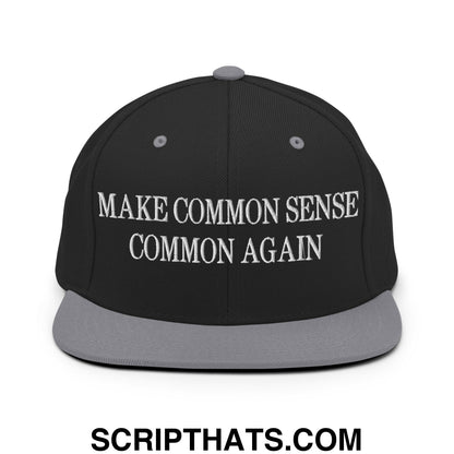 Make Common Sense Common Again Embroidered Flat Bill Brim Snapback Hat Black Silver