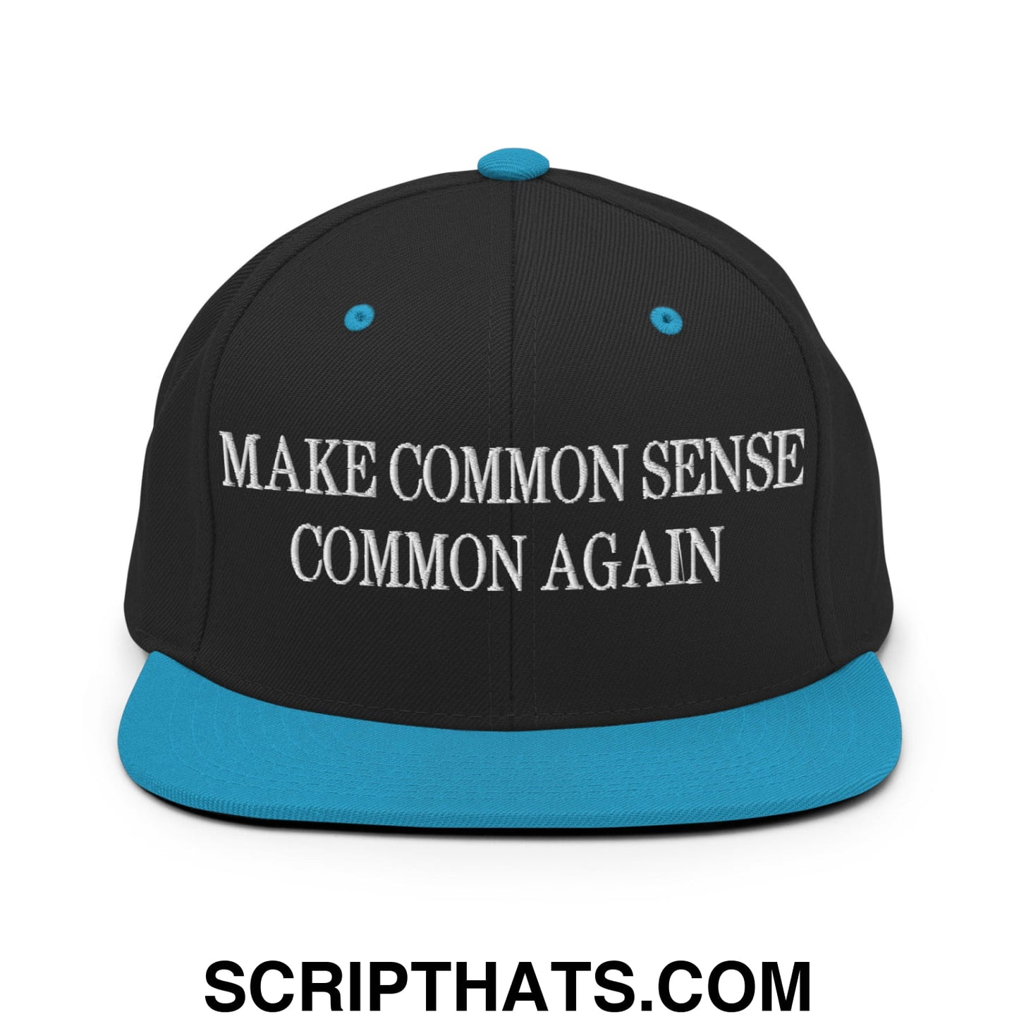 Make Common Sense Common Again Embroidered Flat Bill Brim Snapback Hat Black Teal