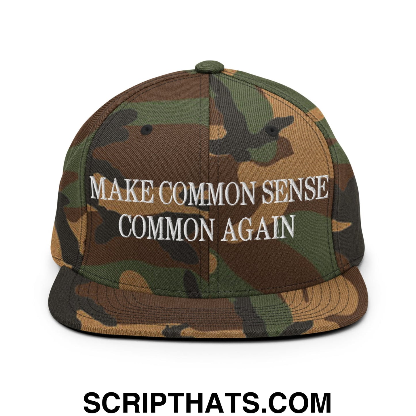 Make Common Sense Common Again Embroidered Flat Bill Brim Snapback Hat Green Camo