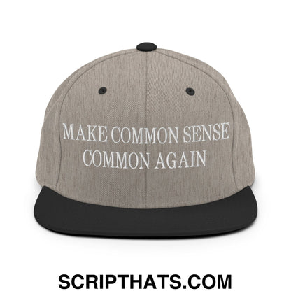 Make Common Sense Common Again Embroidered Flat Bill Brim Snapback Hat Heather Black