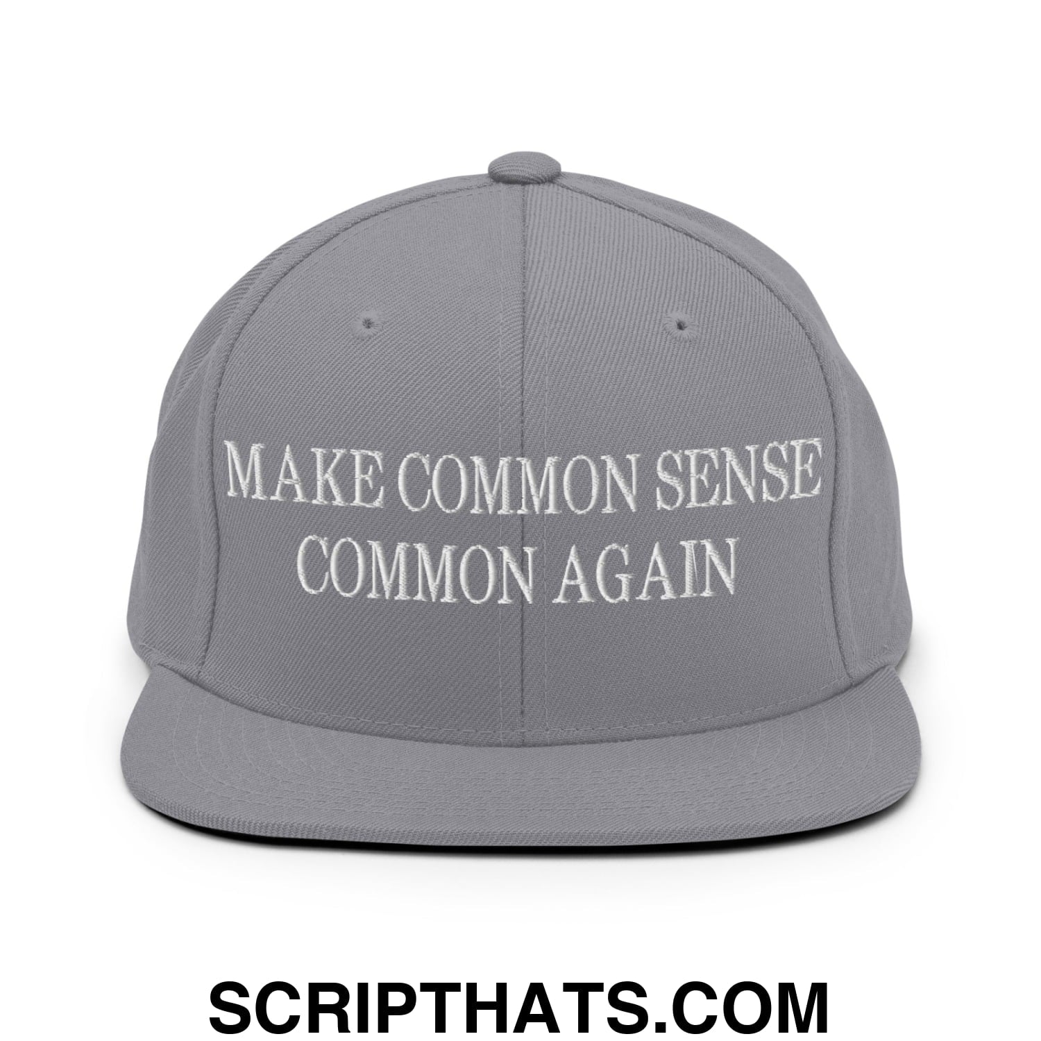 Make Common Sense Common Again Embroidered Flat Bill Brim Snapback Hat Silver