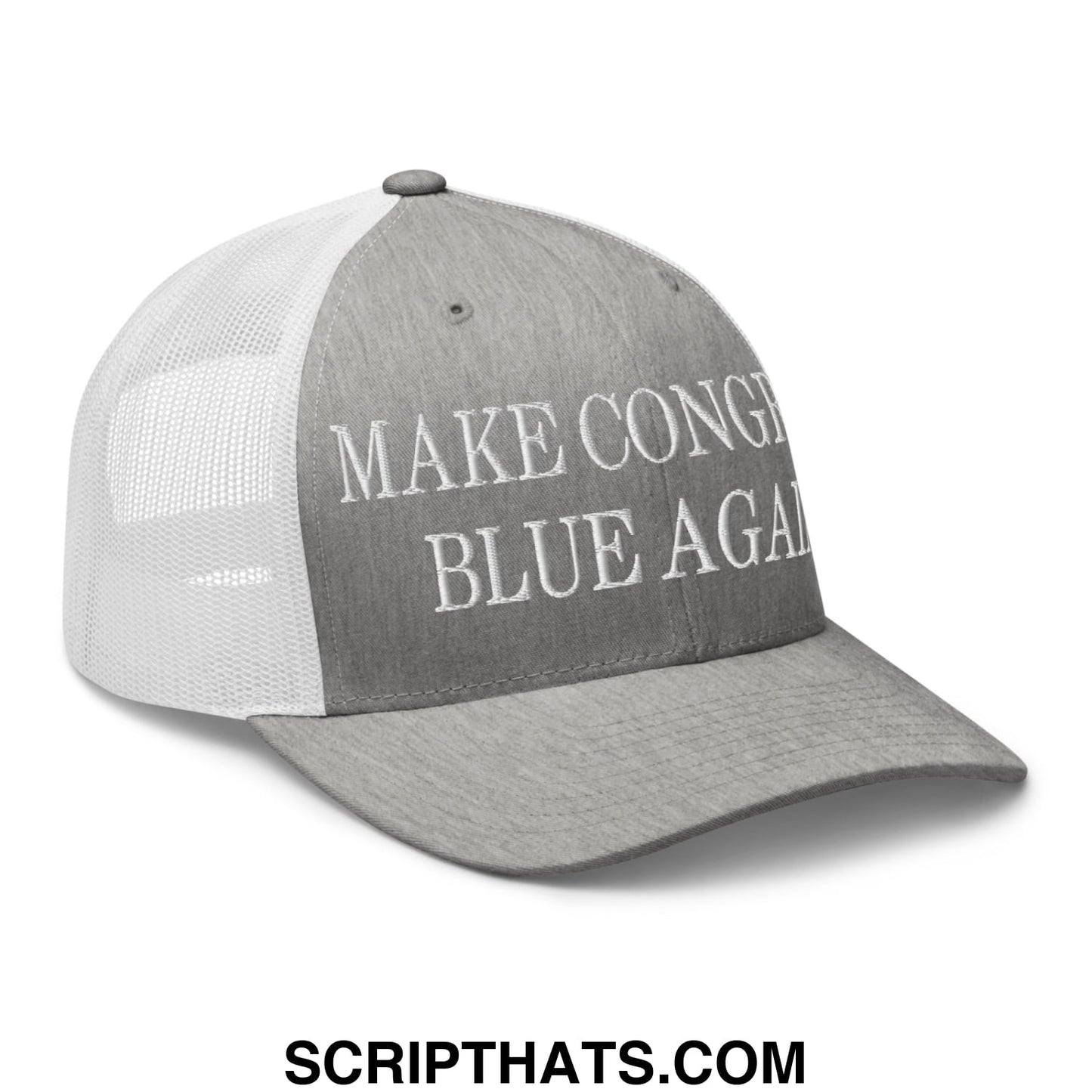 Make Congress Blue Again Embroidered Mesh Trucker Hat Heather Grey White