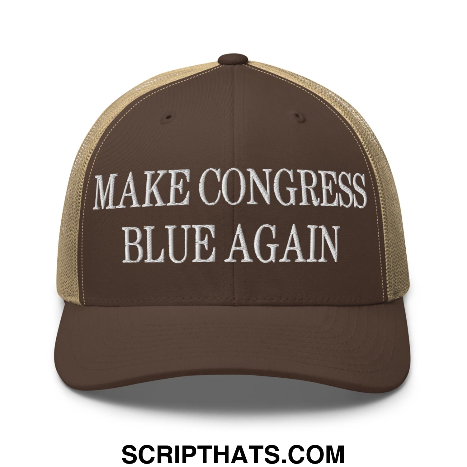 Make Congress Blue Again Embroidered Mesh Trucker Hat Brown Khaki