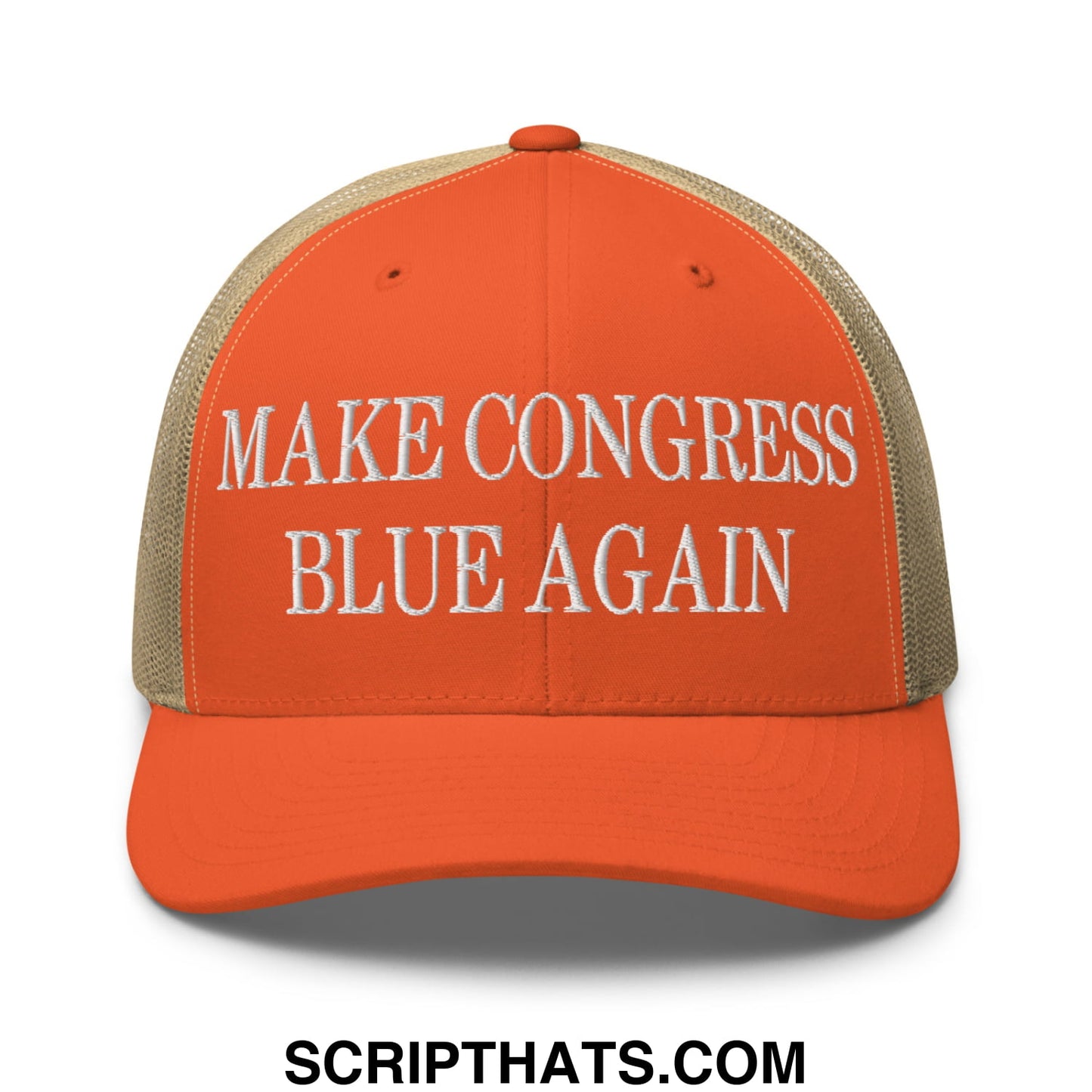 Make Congress Blue Again Embroidered Mesh Trucker Hat Rustic Orange Khaki
