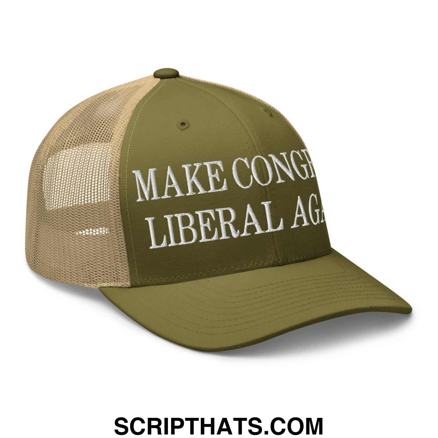 Make Congress Liberal Again Embroidered Mesh Trucker Hat Moss Khaki