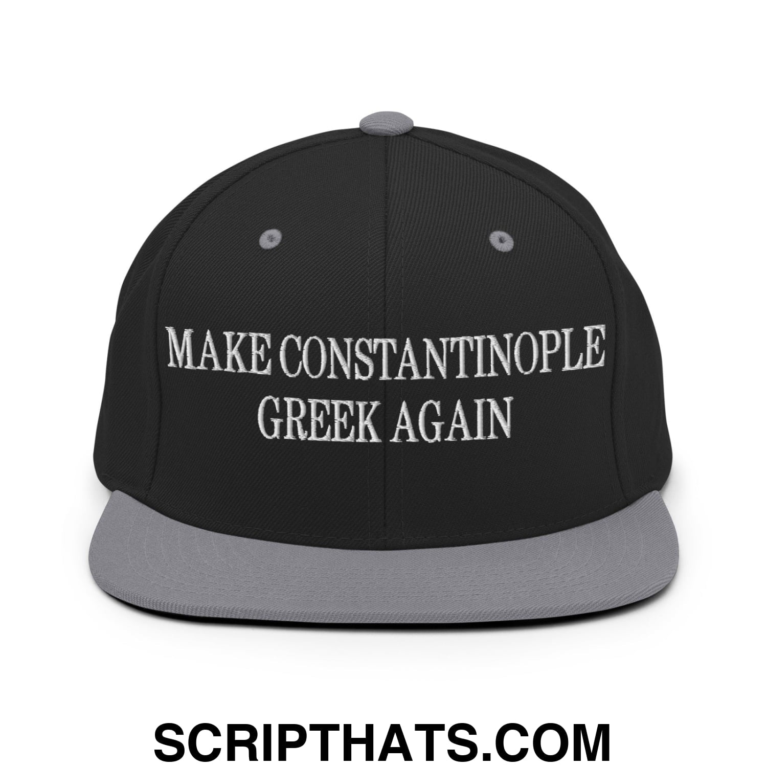 Make Constantinople Greek Again Embroidered Flat Bill Brim Snapback Hat Black Silver