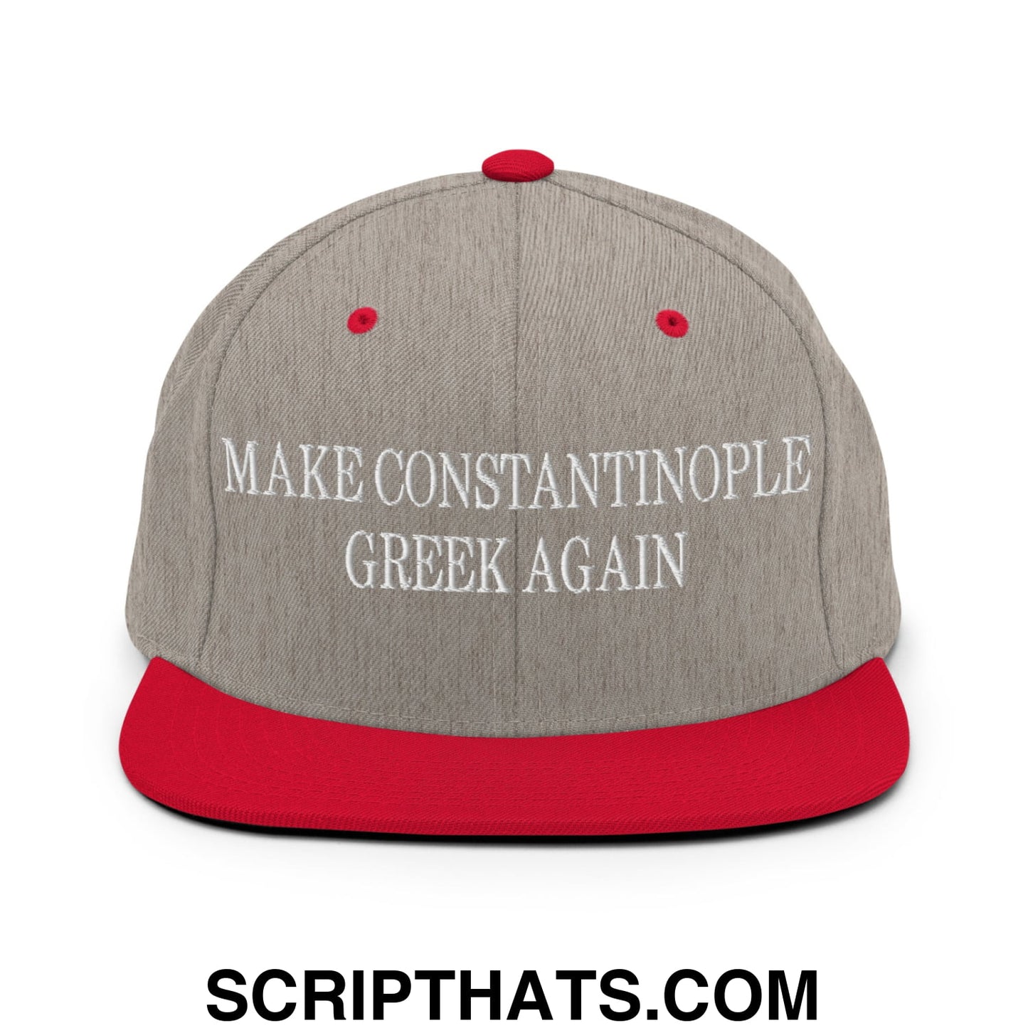 Make Constantinople Greek Again Embroidered Flat Bill Brim Snapback Hat Heather Grey Red