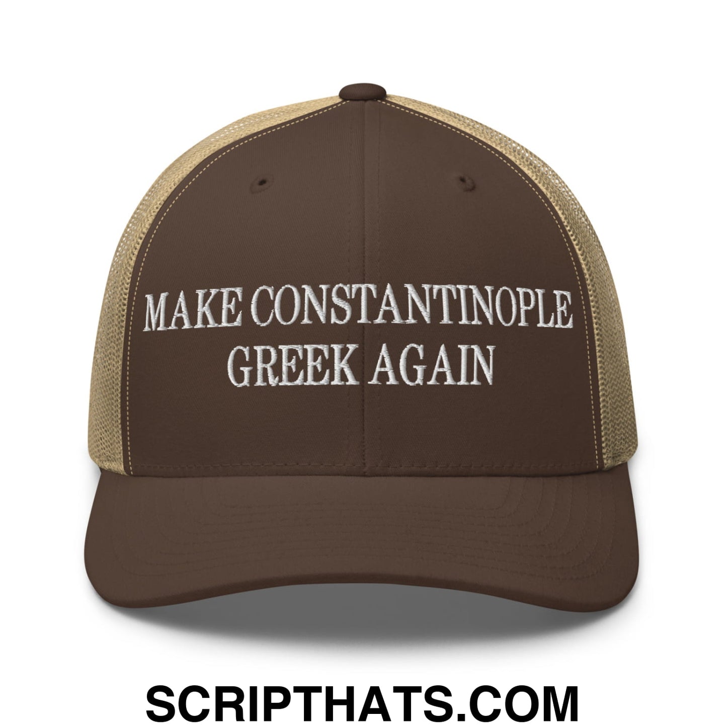Make Constantinople Greek Again Embroidered Mesh Trucker Hat Brown Khaki