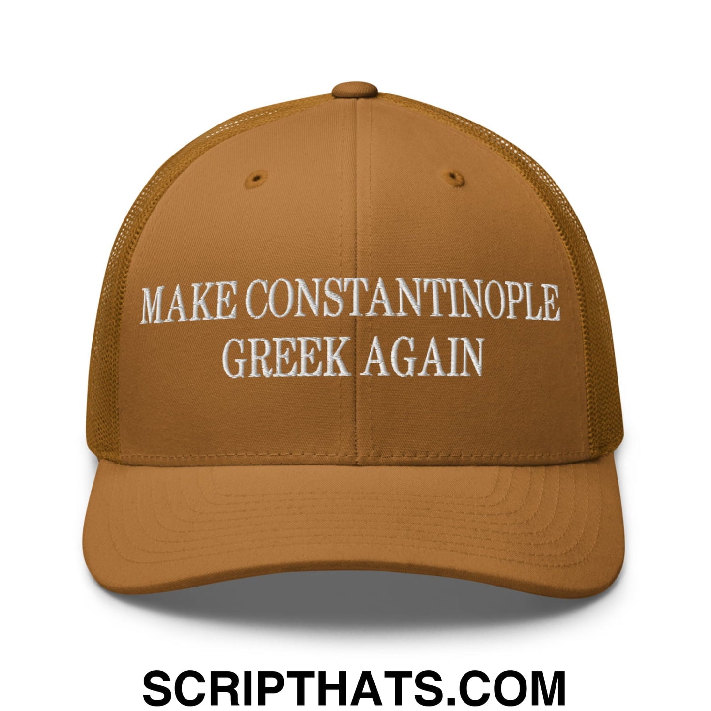 Make Constantinople Greek Again Embroidered Mesh Trucker Hat Caramel